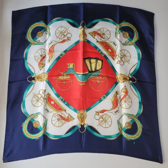 Vintage Equestrian Horse Carriage Blue Red & Gold 100% Silk Scarf - Picture 7 of 13